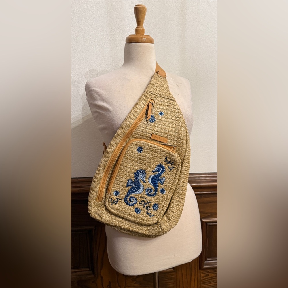 Vera Bradley Sling Backpack Bag Straw Natural Sea Life Blue Seahorses Floral